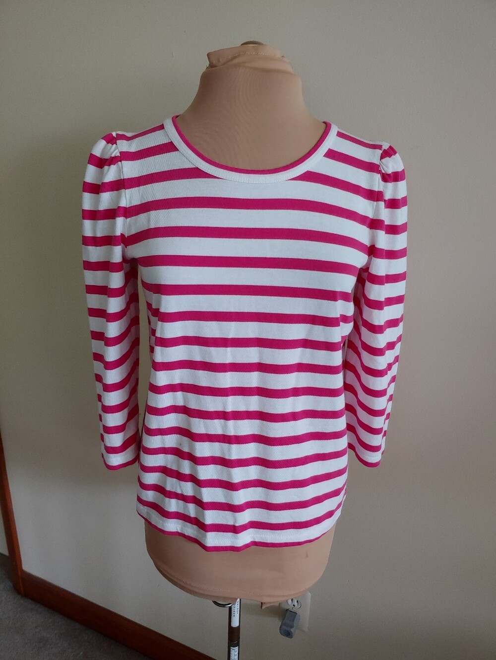 NWT New J Crew Tee Medium 3/4 Sleeve Pink White Puff Sleeve